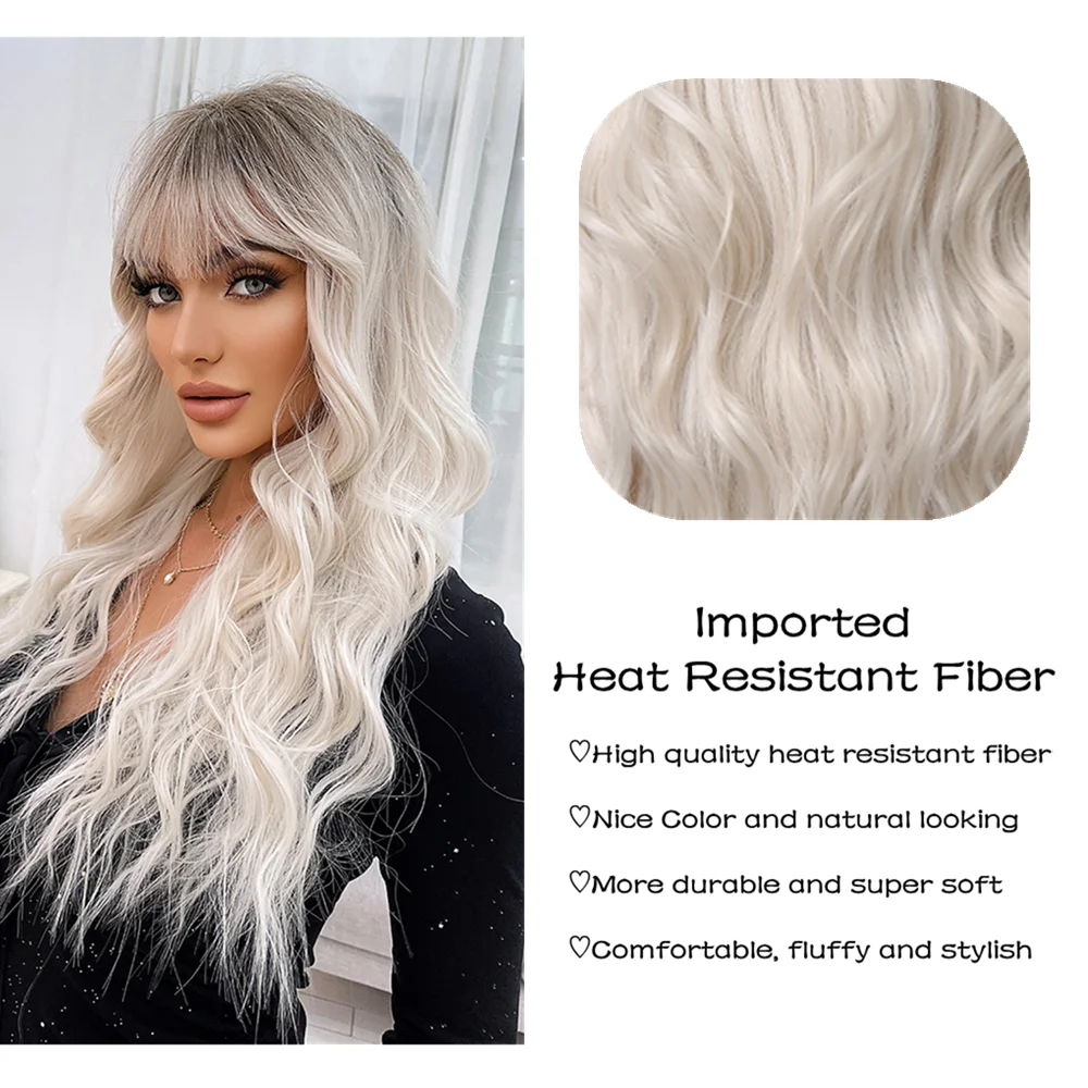 LOUIS FERRE Long Platinum Wave Synthetic Wig for White Women Ombre Light Blonde Wigs With Bangs Daily Cosplay High Temperature