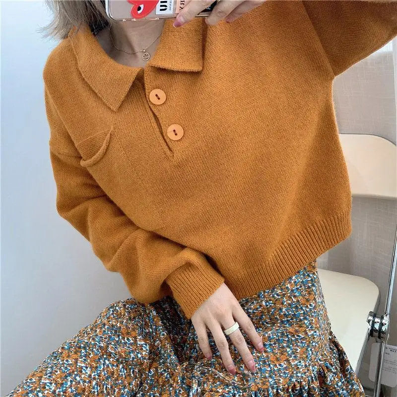 

DAYIFUN Female Short Length Solid Sweaters Women Loose TurnDown Collar Pullovers Ladies Autumn Outerwear Soft Knitted Top
