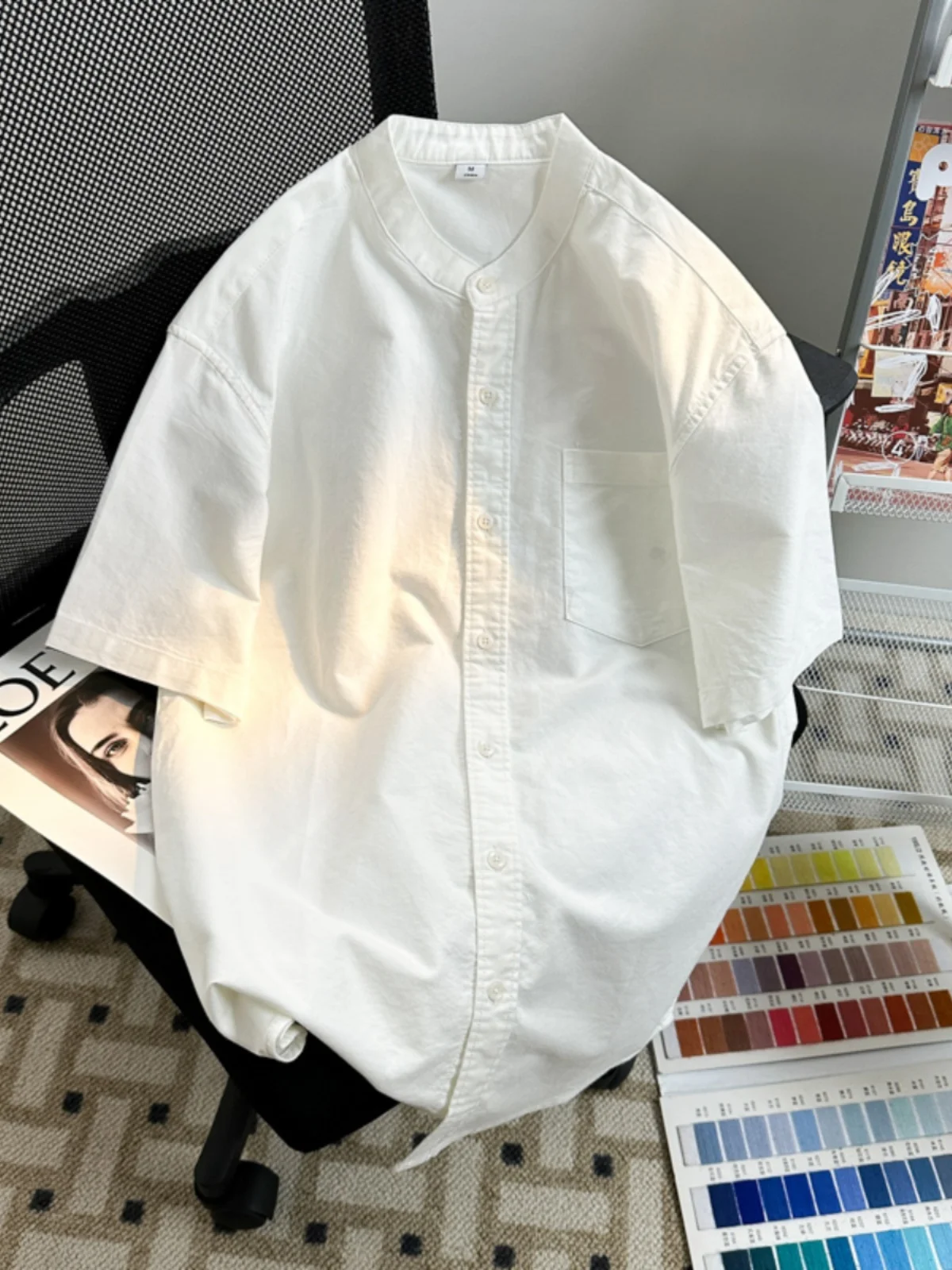 

Мужская футболка из ткани «слэйк» с воротником-стойкой, свободного кроя, летняя, в стиле Haome, с эффектом высокого класса