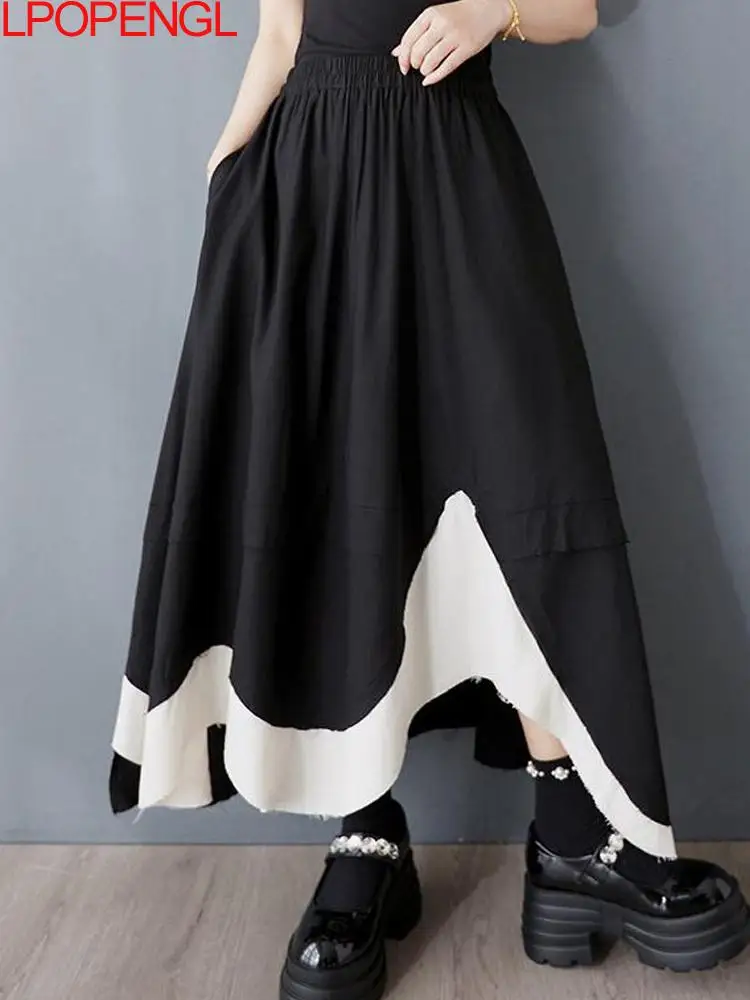 2026 New Fashion Spring And Summer Irregular Loose Splicing Contrasting Woman Ankle-length Patchwork A-line Elastic Waist Skirt