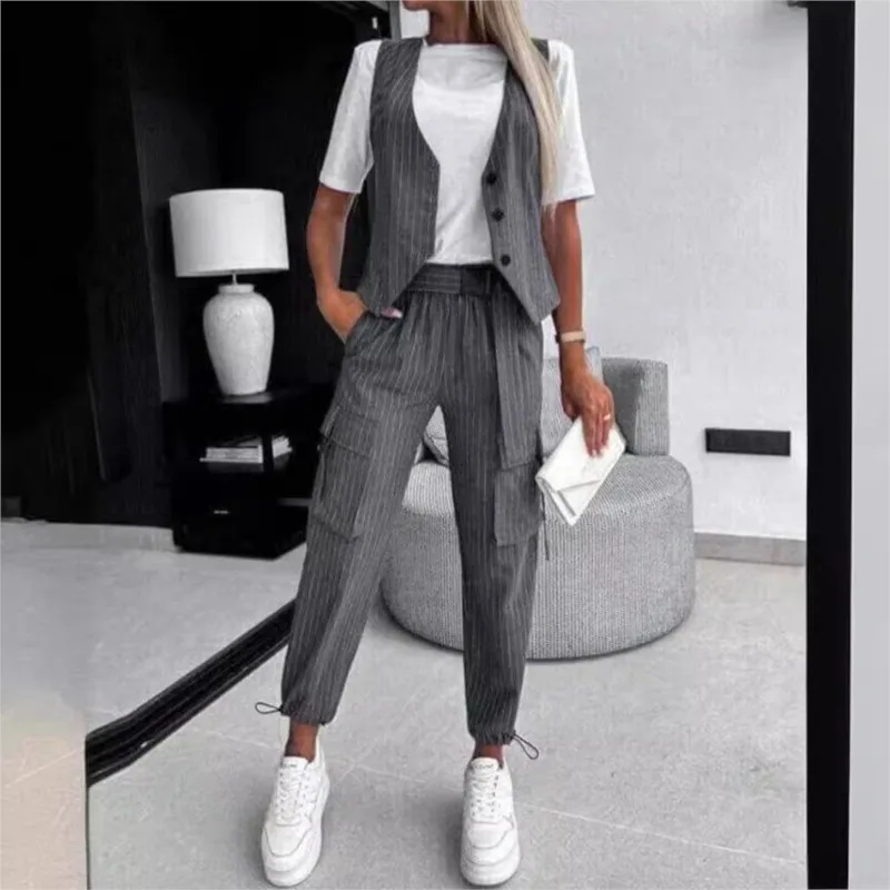 White Striped Vest Suit For Women Summer Casual V-neck Button Top Pocket Loose Pants Outfits Two-piece Suit For Women Elegant