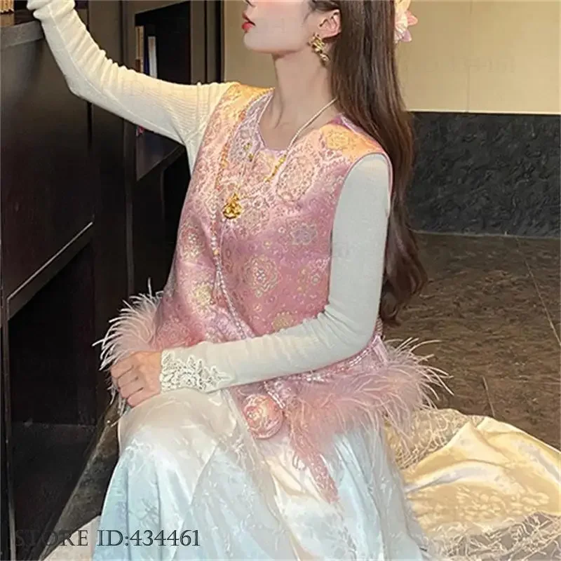 Pink Jacquard Qipao Vest Tops High Quality Feathers Satin Tang Clothes New Chinese Style Female Waistcoat Sexy Blouse Jacket