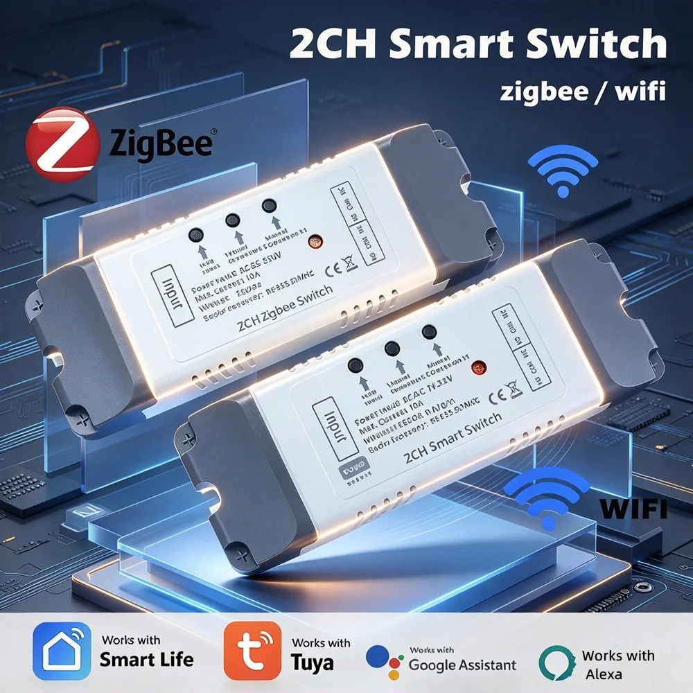 Zigbee Smart 2 CH Motor Light Switch Two Relay 12V 24V 220V Module Dry Contact NO NC COM Inching Timer Works with Tuya APP Alexa