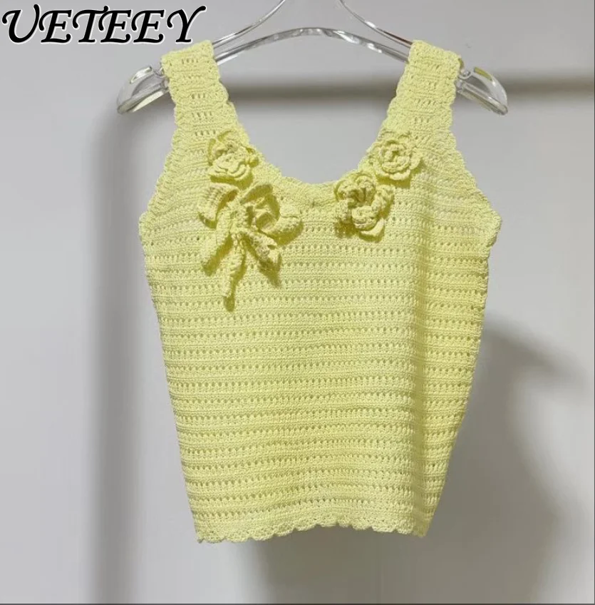 2025 sommer Neue Sanfte Wind Dreidimensionale Blume Dekoration Tank Tops Kurze Abnehmen Gestrickte Sling Weste für Frauen