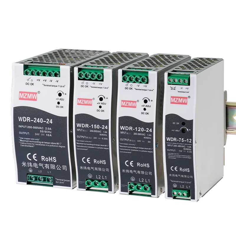 MZMW Industrial DIN Rail Switching Power Supply WDR-75W 120W 150W 240W 380V AC TO DC 12V 24V Led Light CCTV Transformer SMPS