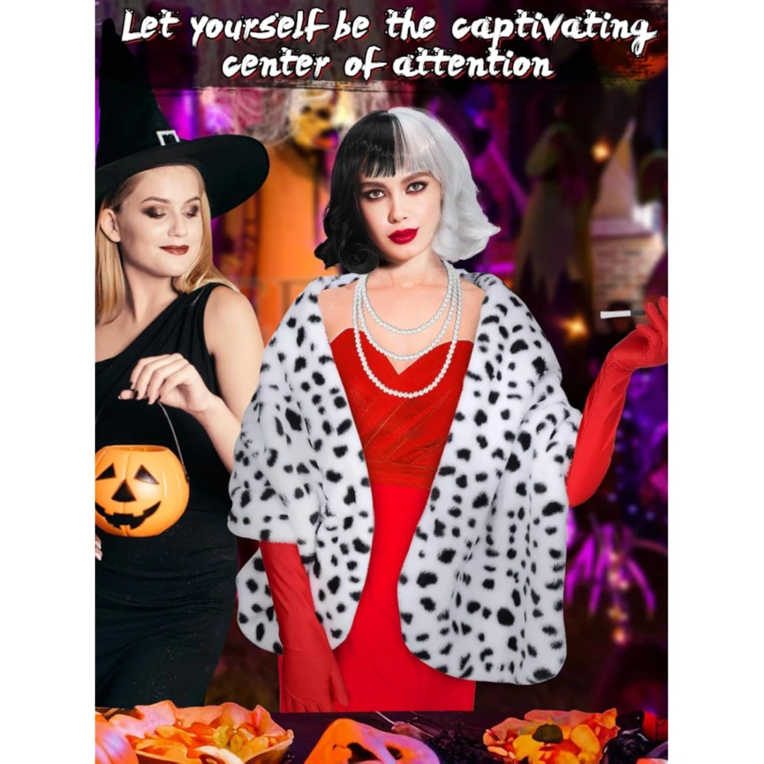 Halloween Costumes for Women - Black and White Wig with Shawl Scarf, Red Gloves, Faux Pearl Necklace, Long Holder, and Wig Cap