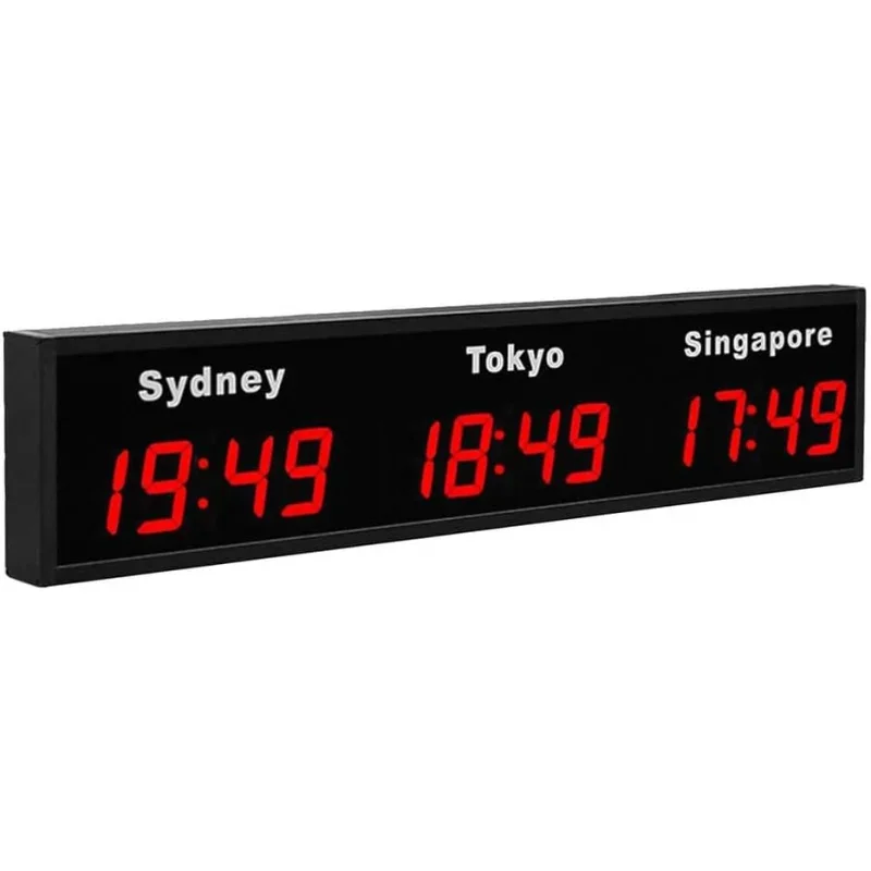 LED World Clock Displaying 3/4/5 Cities Time Digital Time Zone Clock with 12/24H Format Red Color