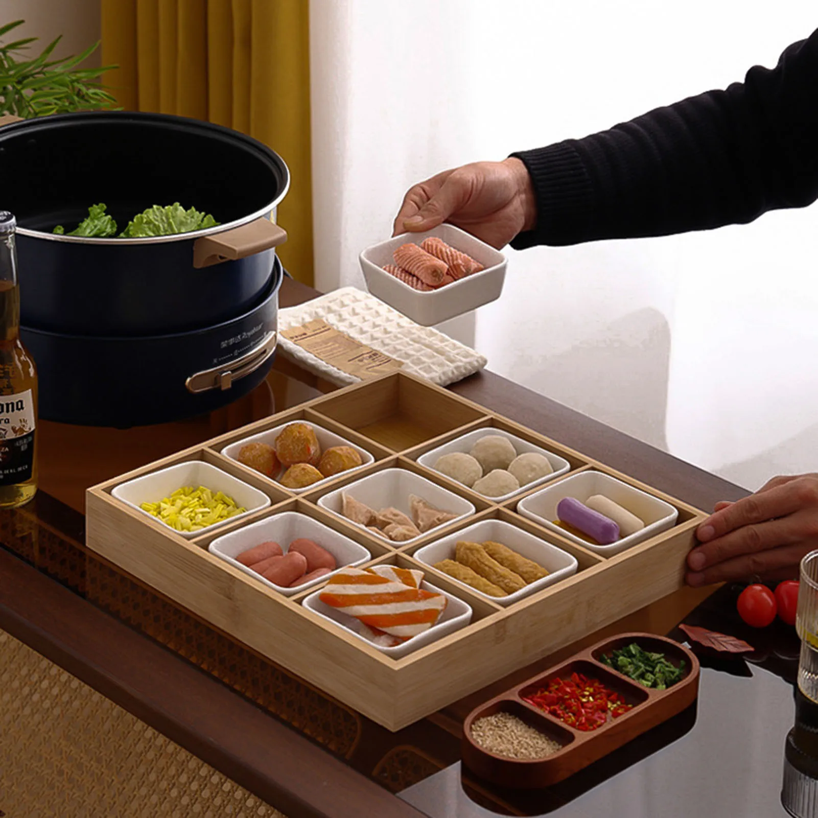 Japanese Multi Grid Divided Wooden Tray 2/3/4/6/9 Grids Vintage Serving Tray For Snacks Dessert Hot Pot Sauce Dish Soy Tray
