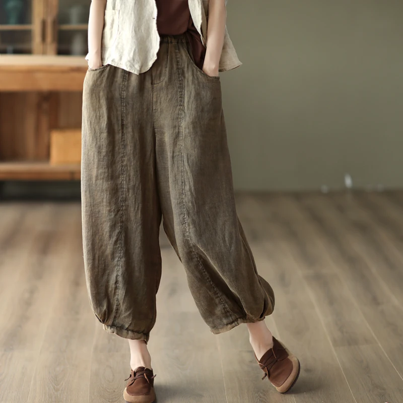 

Женские брюки-морковки из тонкого льна с двойным слоем, в стиле ретро, с эффектом потертости, с завышенной талией, для повседневной носки