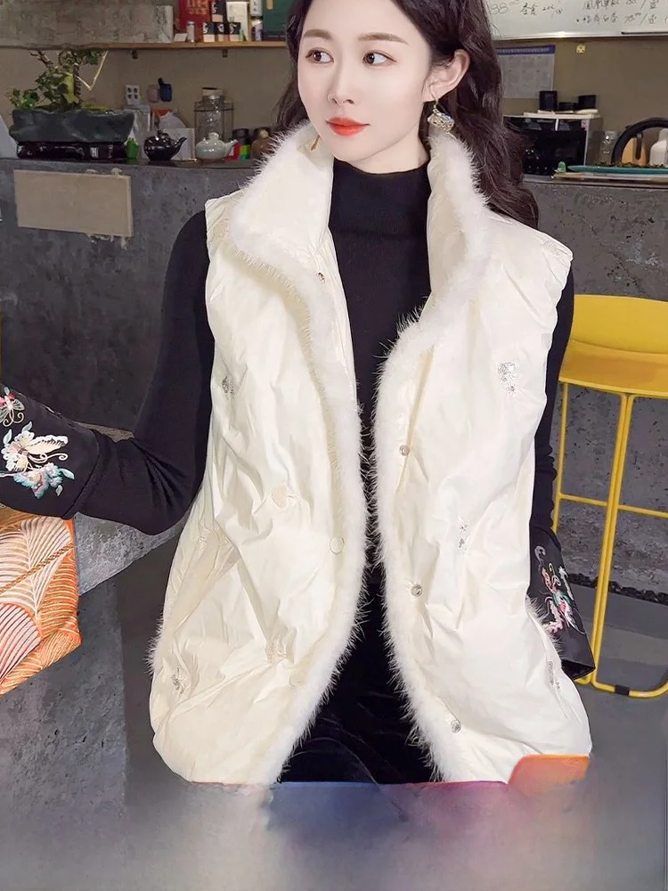 

New Chinese Sle Women's down Vest Winter ort Coat with Mink Collar Splicing 90 White Goose down Slim Fit Faion