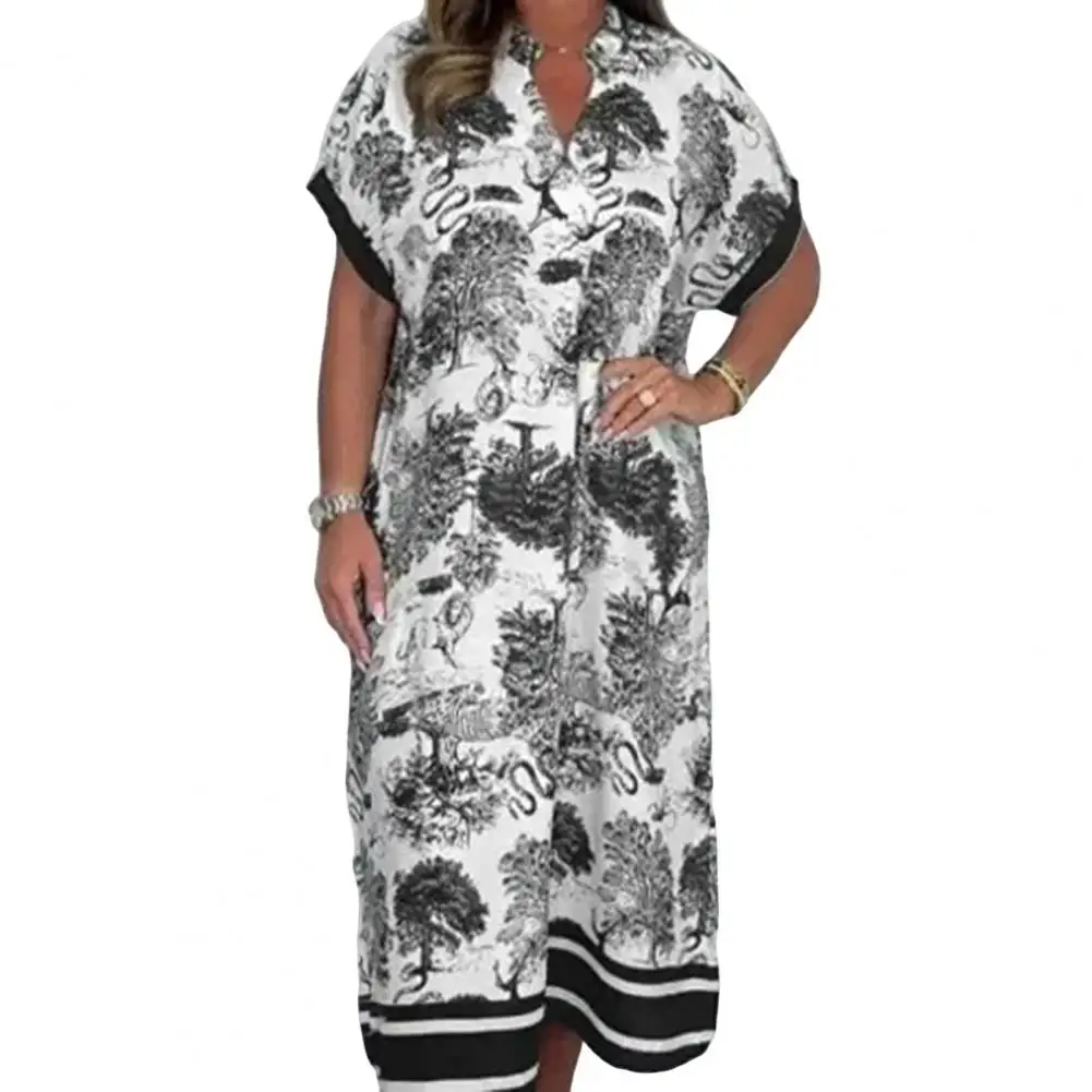 Women Dress Vintage Print V-Neck Short Sleeve Dress A-Line Loose Summer Dress