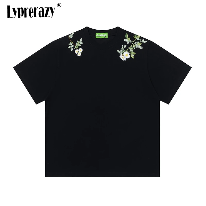 

Lyprerazy Chinese Style Flower Embroidery T-shirt Summer Short-sleeved Casual Chinese Trend Floral Cotton T Shirt