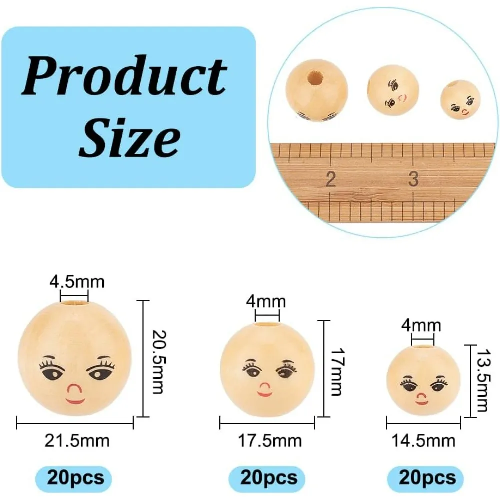 60Pcs 3 Style Smiling Face Wooden Beads Round Painted Wooden Beads with 4mm Head Bead Large Hole Round Wood Bead Spacer Beads