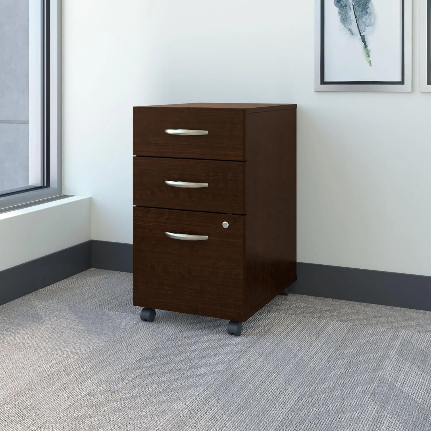 3-Drawer Mobile File Cabinet in Mocha Cherry, Rolls Under Desk with Locking Drawers