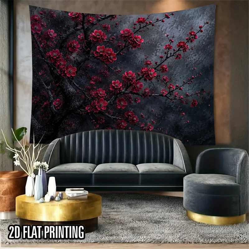 Oriental Plum Blossom Tapestry, Red Flower Tree Branch Wall Hanging, Dark Retro Oriental Scenery Living Room Wall Art Decor