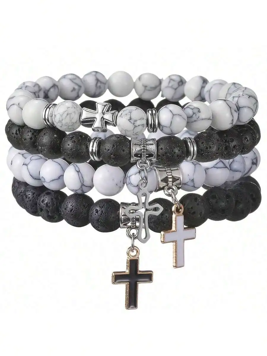 

6pcs/4pcs/2pcs/1pc Vintage Fashion Stone Bead & Cross Pendant Beaded Bracelet Set, Casual Daily Wear, Gift For Boyfriend, Couple