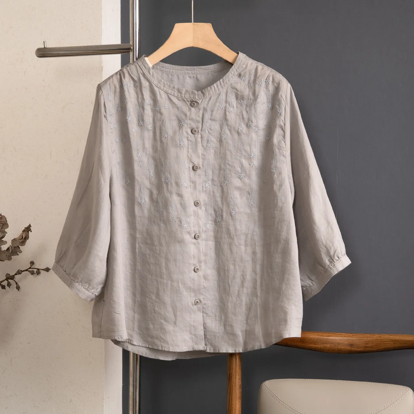 High Quality Ramie Embroidery Women Casual Shirt New Arrival 2026 Summer O-neck Solid Color Loose Female Tops Shirts M2718