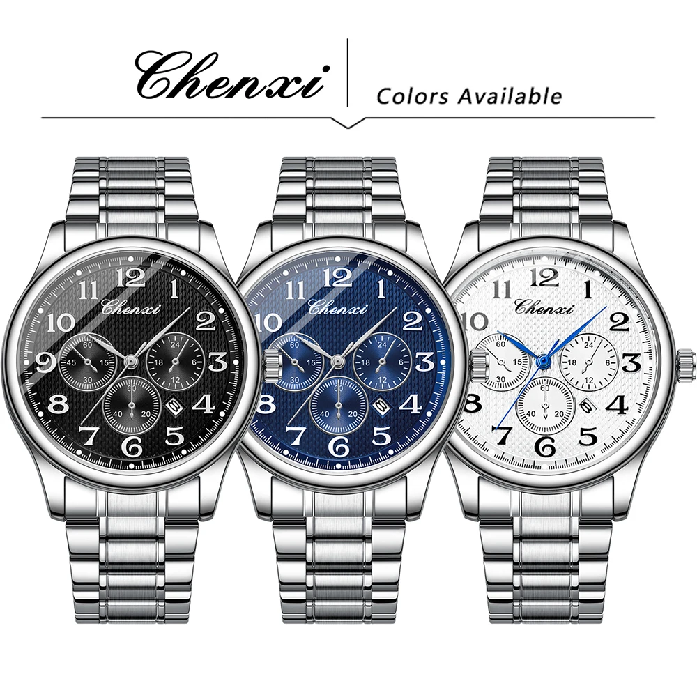 CHENXI Business Men's Wristwatch Round Dial Luminous Waterproof Calendar Display Stainless Steel Band Man Watch