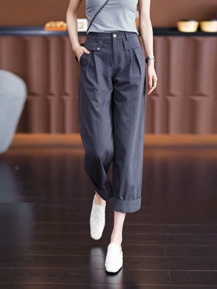 High Waist Straight Leg Casual Pants Women's Wide Leg Pants Cuffed Knife  Comfortable Fashionable Commute Style Pure Color