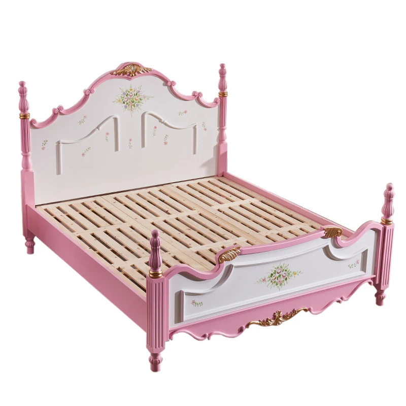 

Pink princess bed American rural antique solid wood pastoral old 1.8 meters wedding bed painting