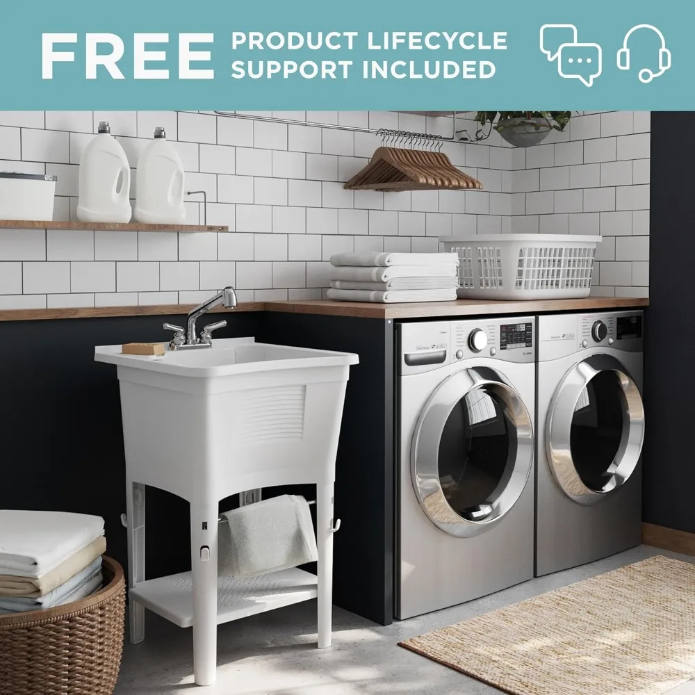 

Универсальная раковина с краном, белая, 24 дюйма Г x 24 дюйма Ш для прачечной, ванной комнаты, гаража, кухни с выдвижным смесителем