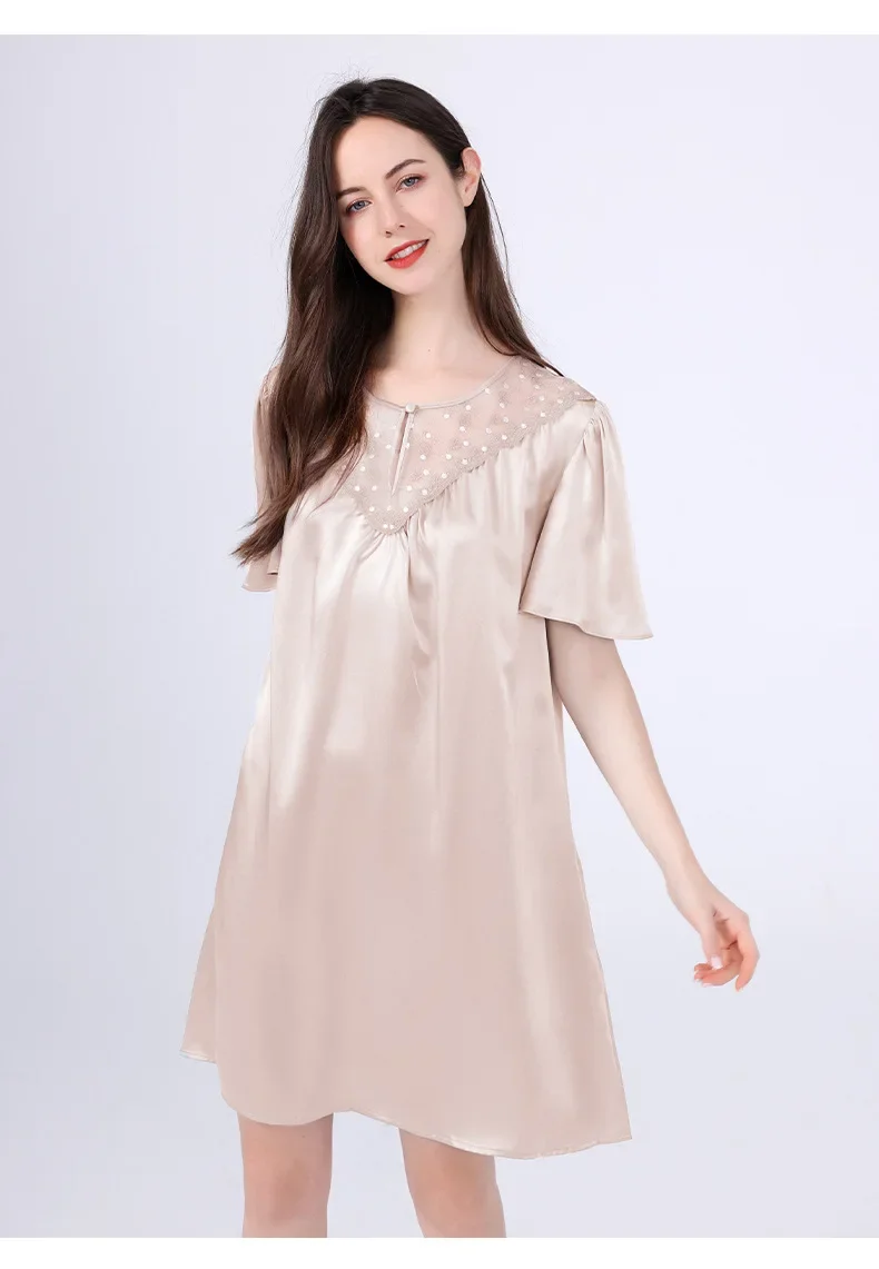 Plus Size Mulberry Silk Women Sleeping Home Dress Casual Short Sleeve Mini Dress Solid Sleepwear Fashion Summer Thin Nightgown