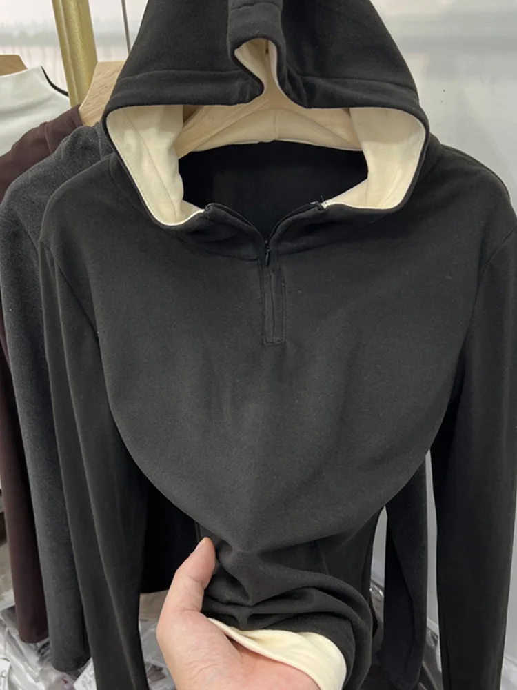 Color Block Fleece Long Sleeve Hoodie Women Soft Cozy T-Shirt Korean Style Commute Fashion Autumn Winter New Arrival Top