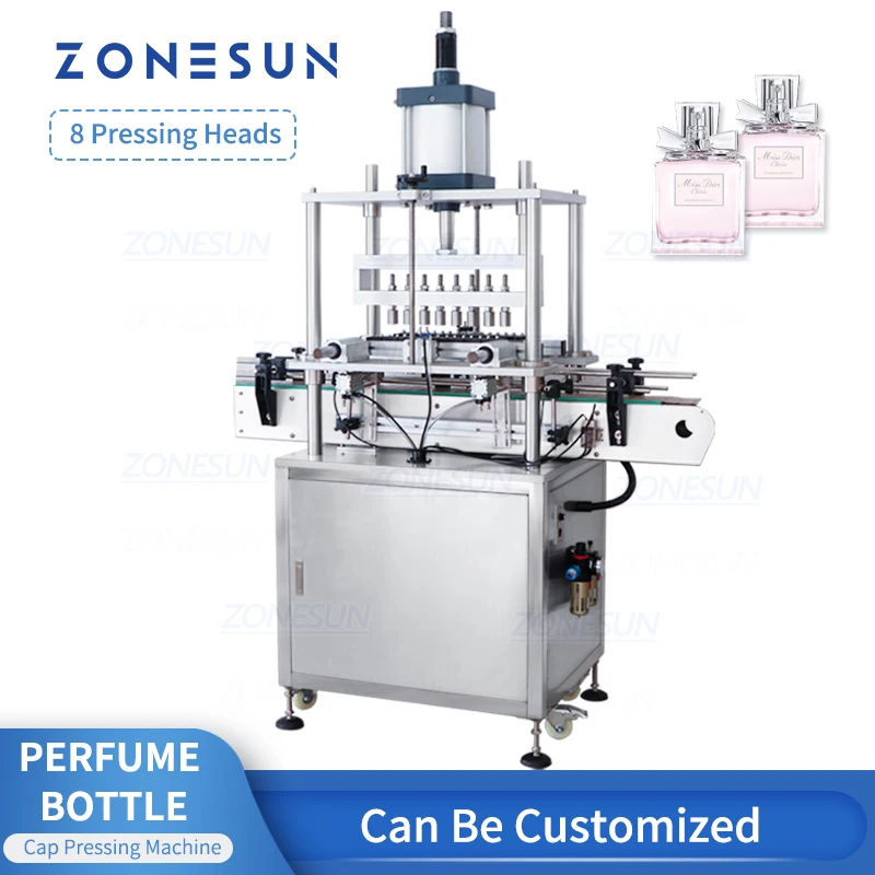 ZONESUN ZS-YG10 Automatic Perfume Bottle Capping Machine Collar Rings Sealer 8 Heads Press Lid Jar with Conveyor