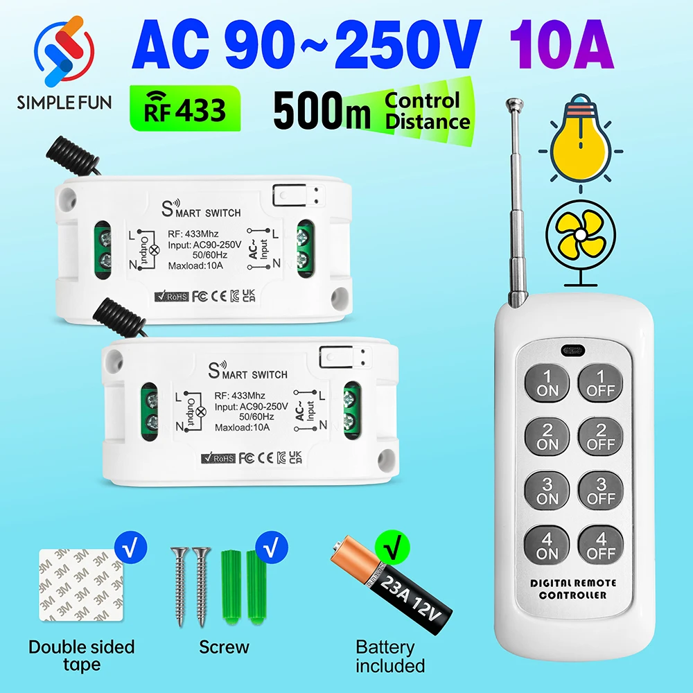 RF Wireless Smart Light Switch 433MHz 110V 220V 10A Relay Module,500 Meters 4-in-1 Transmitter,For Remote Control Led Lamp Fan