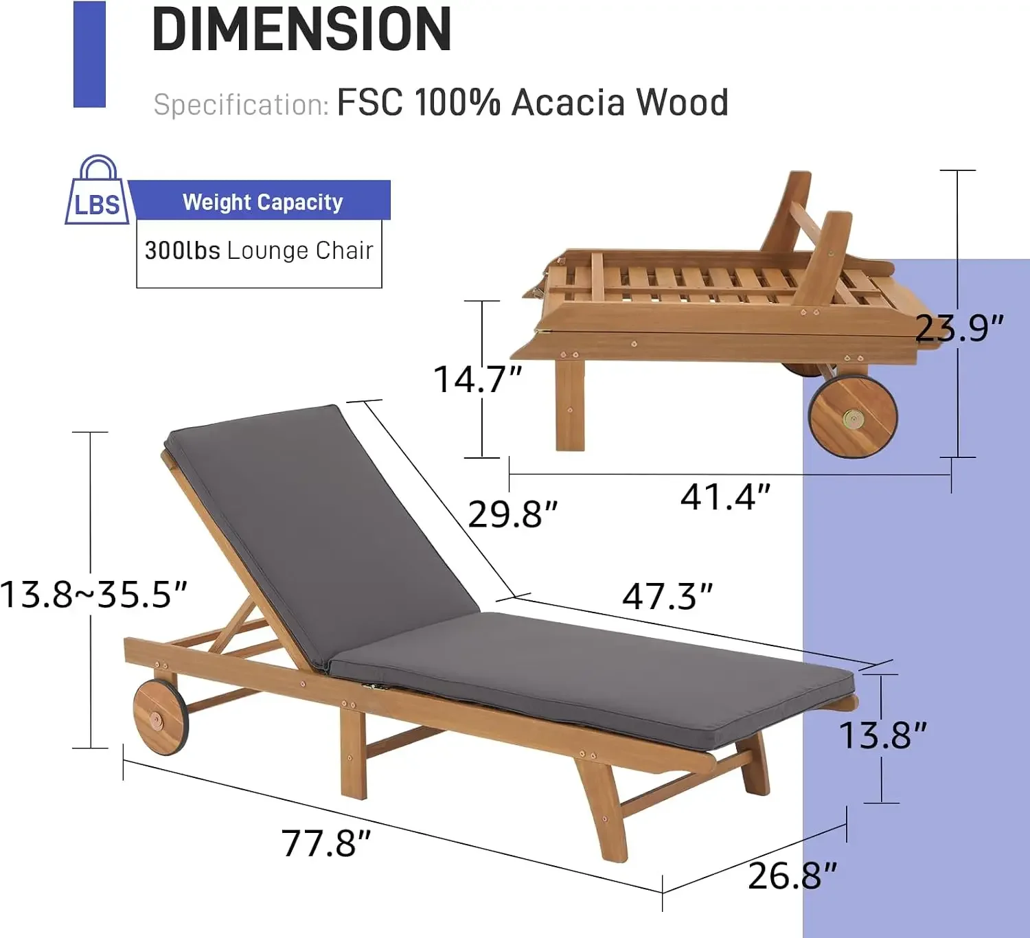 Patio Acacia Wood Chaise Lounge Set of 2, Outdoor Folding Lounge Chair Recliner w/Adjustable Backrest, Wheels,Padded Cushion, Po