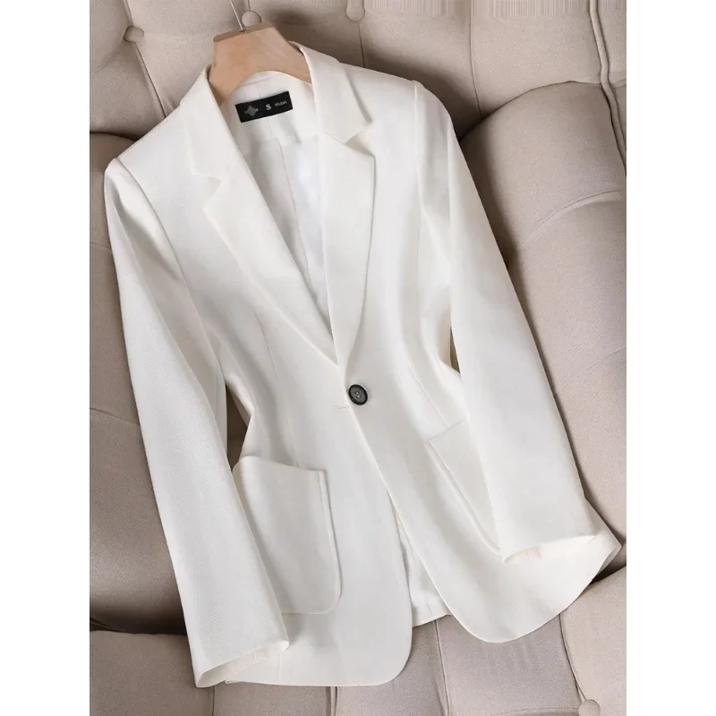 Spring Autumn Black White Women Blazer Long Sleeve Single Button Office Ladies Jacket Business Work Wear Formal Coat With Pocket