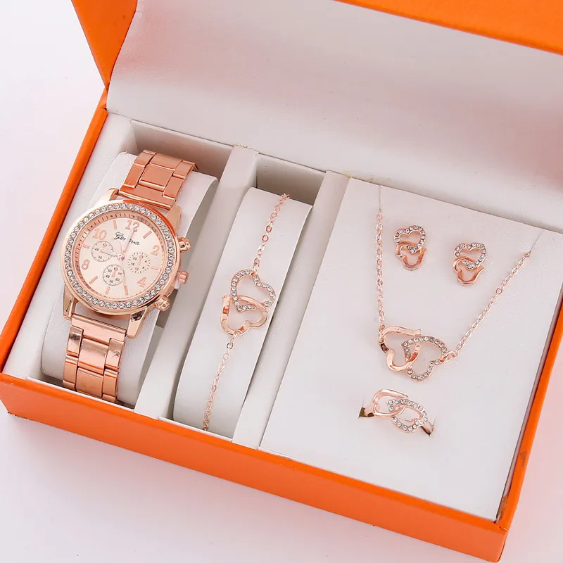

5Pcs Set Womens Watches Luxury Rhinestone Fashion Elegant Wristwatch Quartz Watch For Girl WristWatch Bracelet Gift