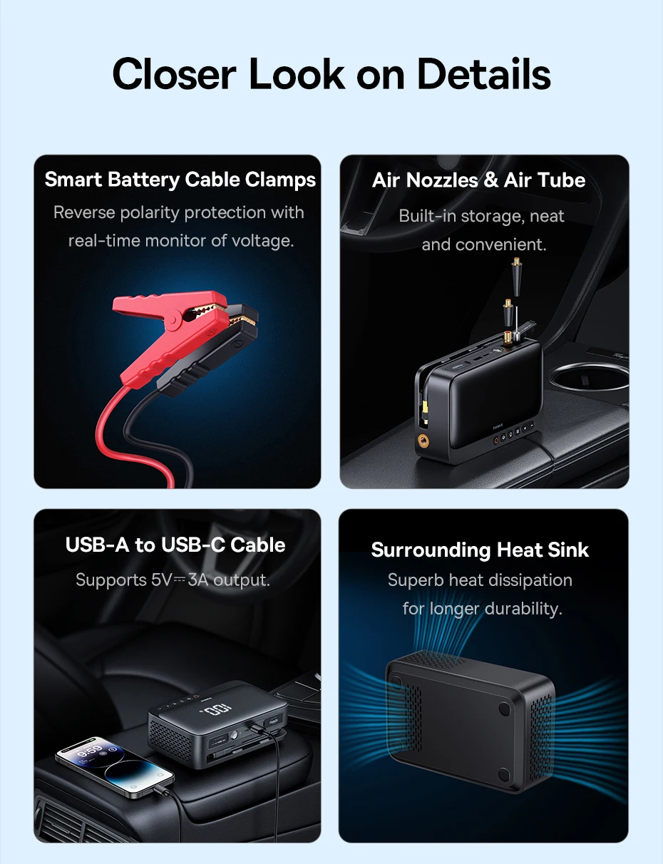 Baseus 4-in-1 Starthilfegerät 600A, Auto-Starthilfe, Powerbank, Multifunktions-Luftpumpe für Autobatterie, Reifenfüller – Detail 18