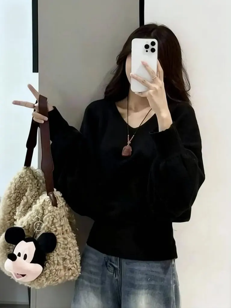 Warm V Neck Batwing Long Sleeve T Shirt Women Loose Casual Basic Tees Autumn Fleece Tops Korean Slim Fit Ne