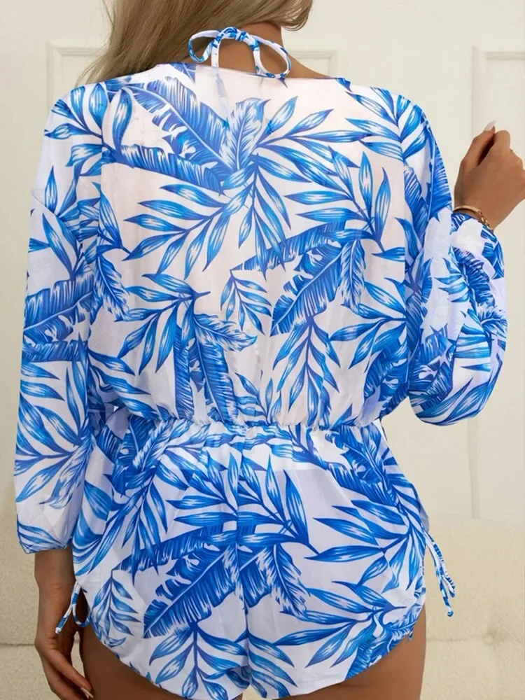 مثير 3 قطع ملابس السباحة الاستوائية طباعة ملابس الرسن الدانتيل متابعة طقم بيكيني صغير الرباط ارتداءها التستر بحر Tankinis