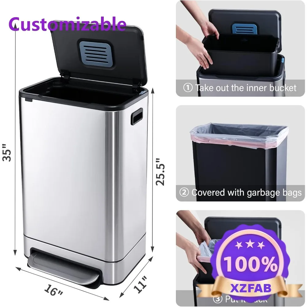 Factory Direct 2026 13.2 Gallon Stainless Steel Trash Can with Soft-Closing Lid and Durable Pedal, 50 Liter Capacity