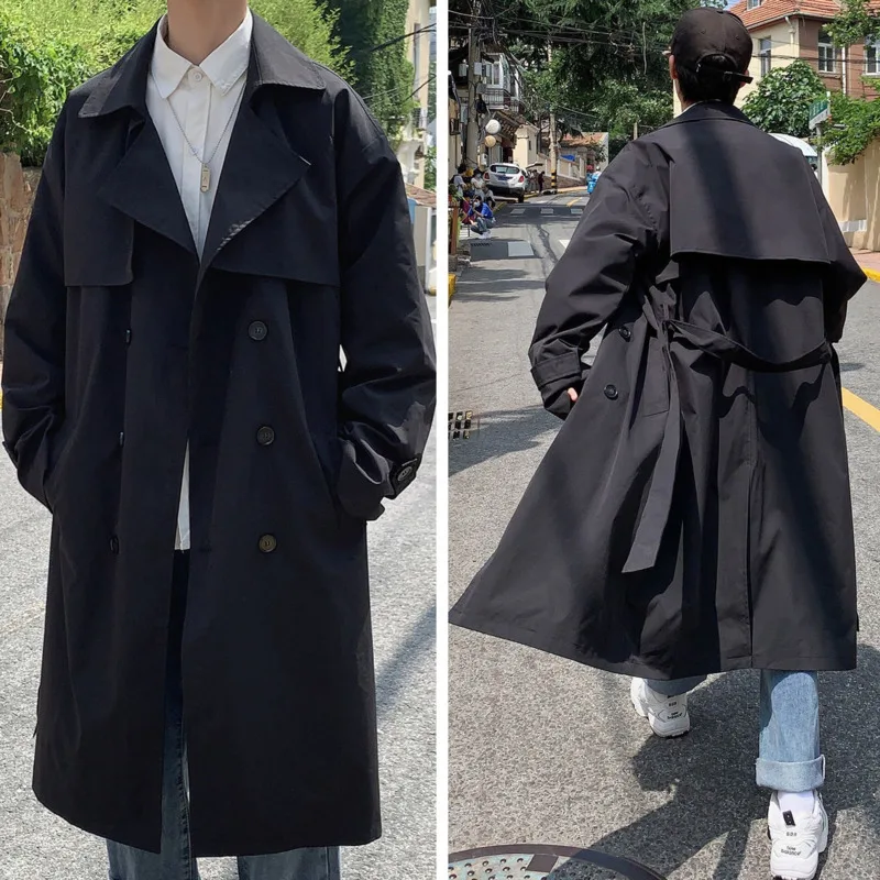 2023 Men's Wear Spring New Double-breasted Long Over-knee Trench Coat Overisze Windbreaker with Belt Tide Base Coat Jacket