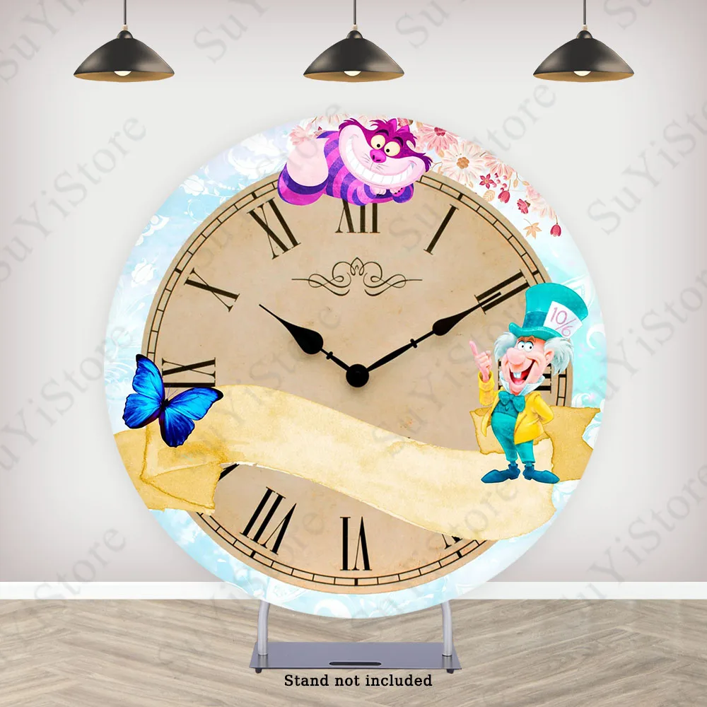 Alice In Wonderland Round Backdrop Cover For Girls Birthday Baby Shower Disney Magical Clock Circle Photo Background