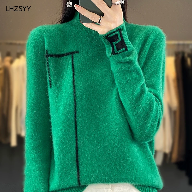 LHZSYY 2023 Autumn/Winter 100%Pure Woolen Sweater Women\' Fashion Jacquard Jumper Loose Knit Tops Half Turtleneck Cashmere Blouse