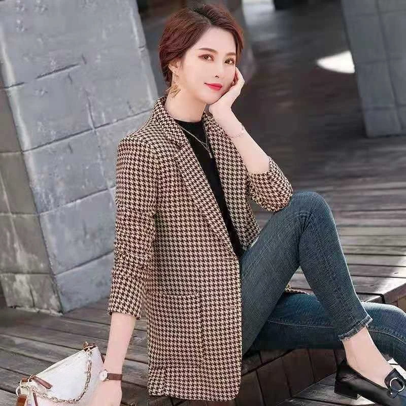 

Korean Style Women's Houndstooth Blazer Long Sleeve 2025 Spring Autumn New Casual Elegance Daily Office Blazer High Quality