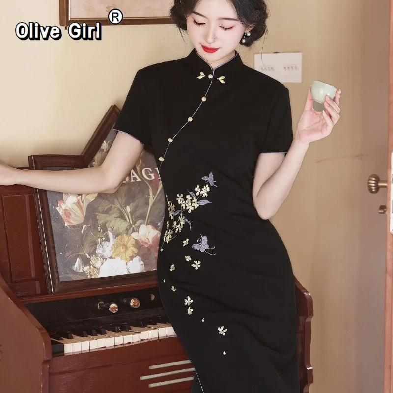 olivegirl-summer-black-qipao-dress-women's-cheongsams-short-sleeve-sexy-embroidered-butterfly-love-flower-high-end-elegant-dress