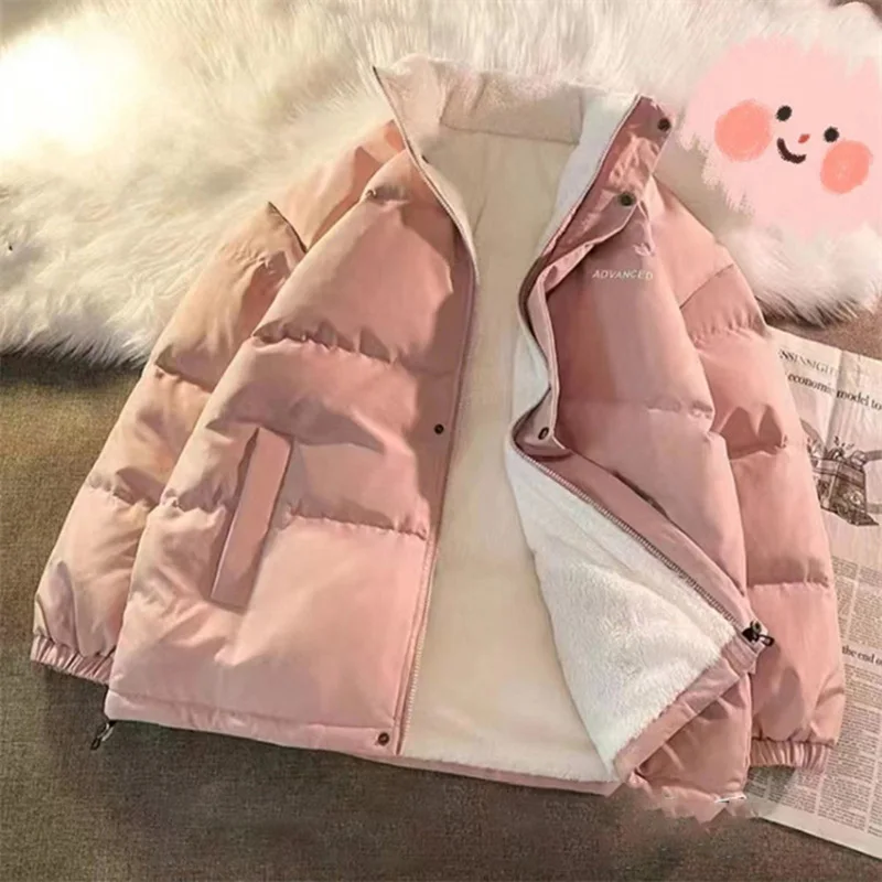 Oversized Solid Color Short Cotton Jacket Women Simple Stand-up Collar Capless Zipper Winter Loose Coat Fluffy Thermal Outerwear