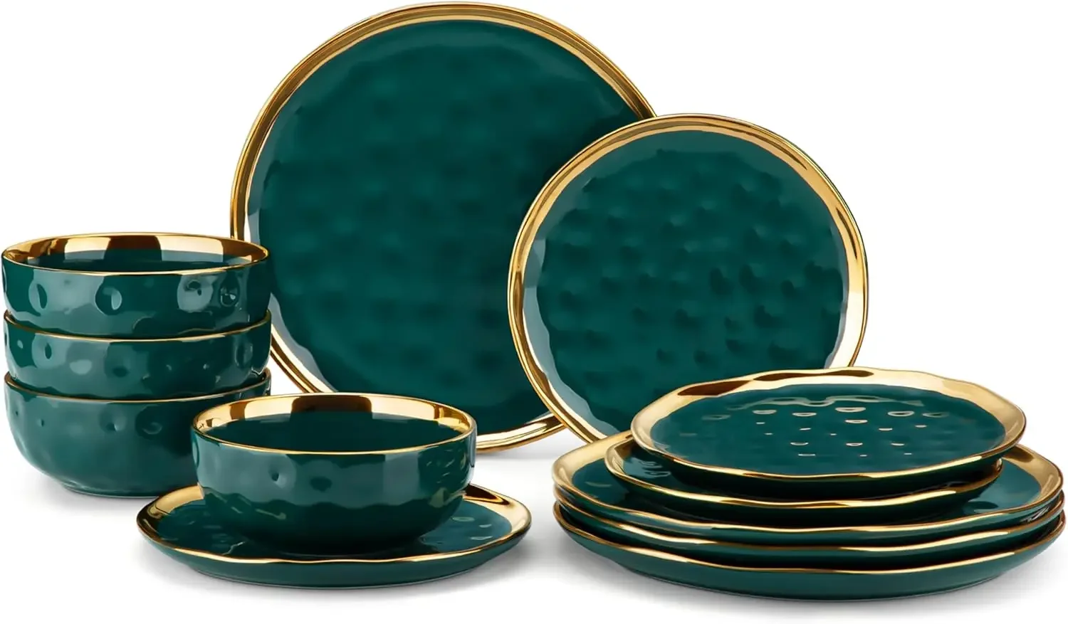 Juego de platos y cuencos de 12 piezas, juegos de vajilla de porcelana verde y dorada, juego de platos redondos para platos, servicio para 4, lavavajillas