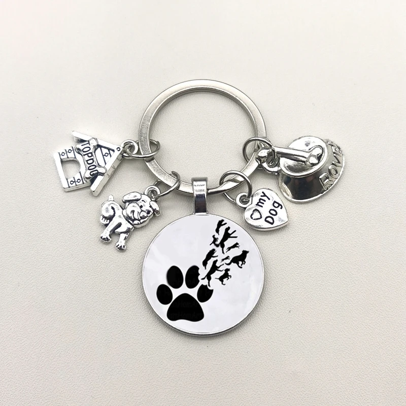 Cute Pet Dog Keychain Paw Dog Glass Cabochon KeyRing Top Dog House Charms Keychains I Love My Dog Pendant Keychain Gifts