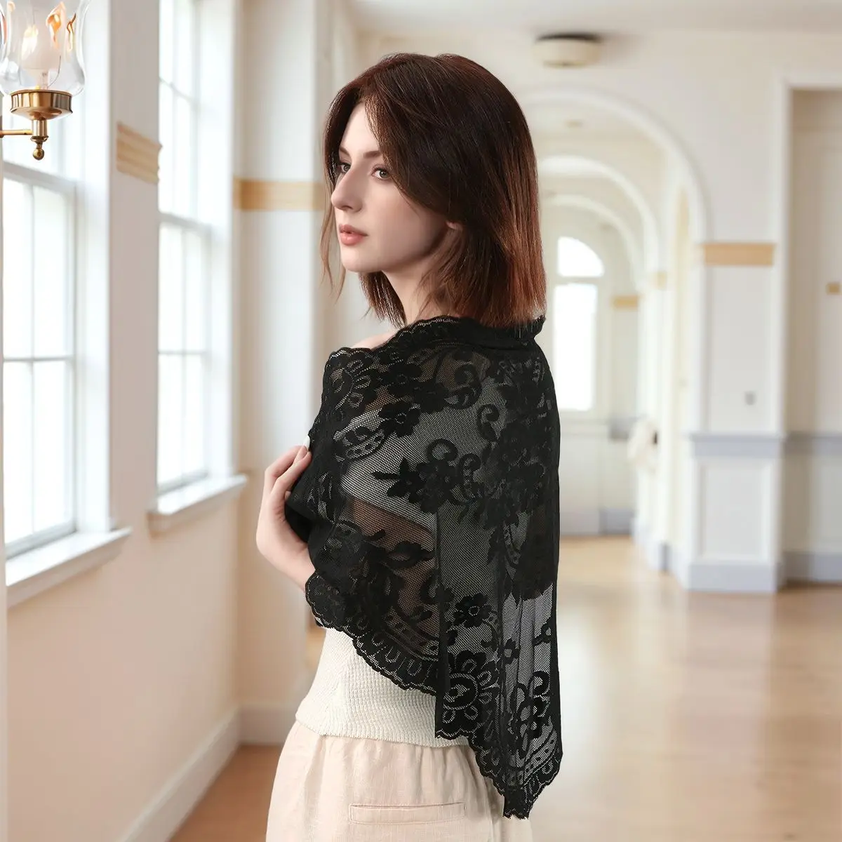 غطاء رأس دانتيل عبادة نسائي مقاس 172*63 سم - دانتيل زهور أنيق، مادة مسامية، مناسب متواضع لكنيسة الصلاة والاستخدام اليومي