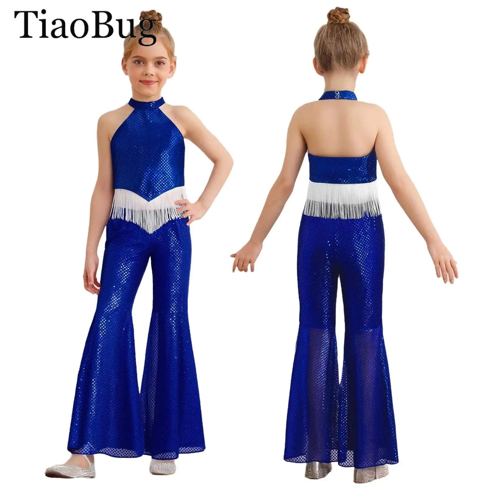 

Kids Girls Jazz Dance Costume Disco Dancewear Halter Sleeveless Backless Irregular Sequins Tassel Crop Top And Bell-Bottom Pants