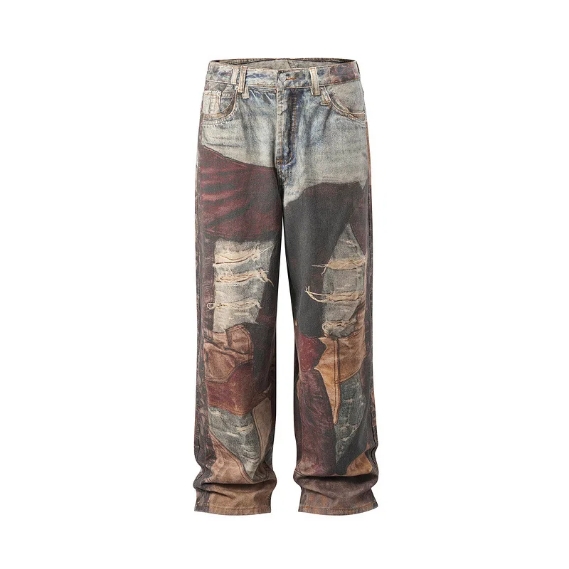 

Men's High Street Vintage Destroyed Jeans Pants 3D Printed Streetwear Ripped Denim Trousers Washed Retro Straight Fit Bottoms