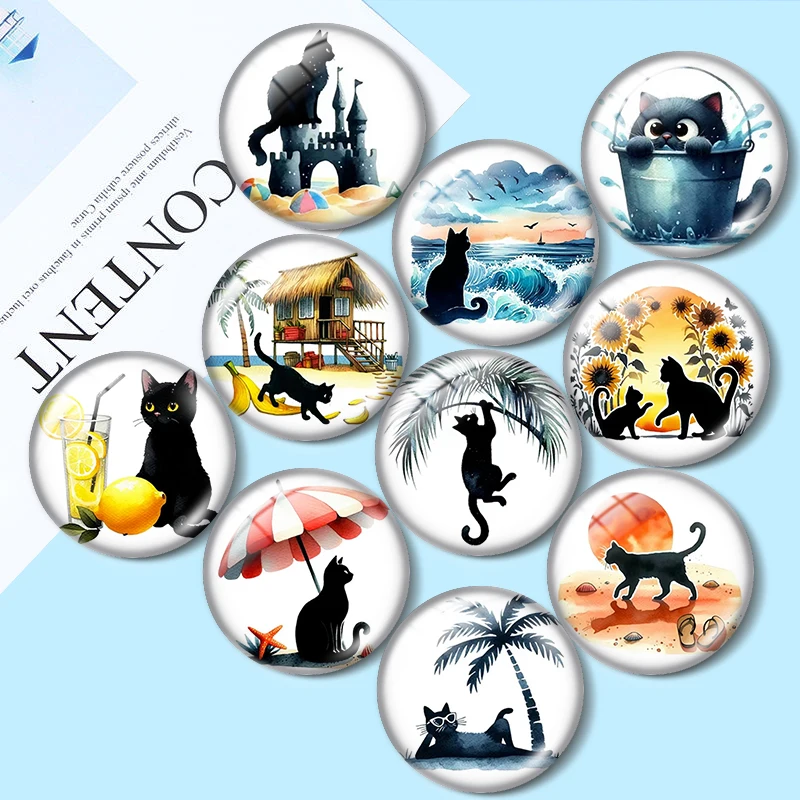 

Cartoon Beach Day Black Cat 12/18/20/25mm glass cabochon bracelet pendant rings for jewelry demo earrings back Making findings