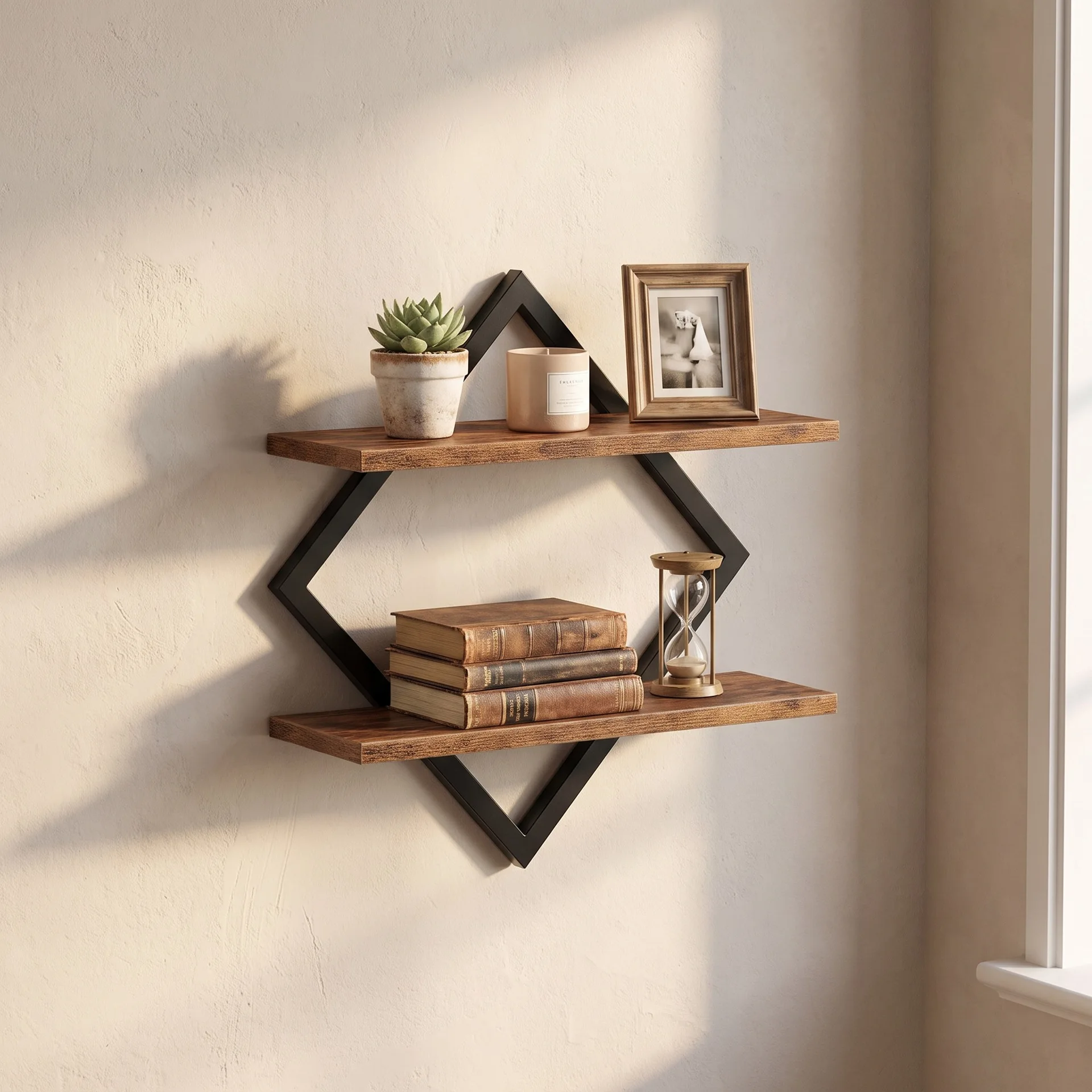 Brown Floating Wall Shelf Set, Diamond-Frame Metal and Board Display Racks for Living Room, Bathroom and Kitchen Decor