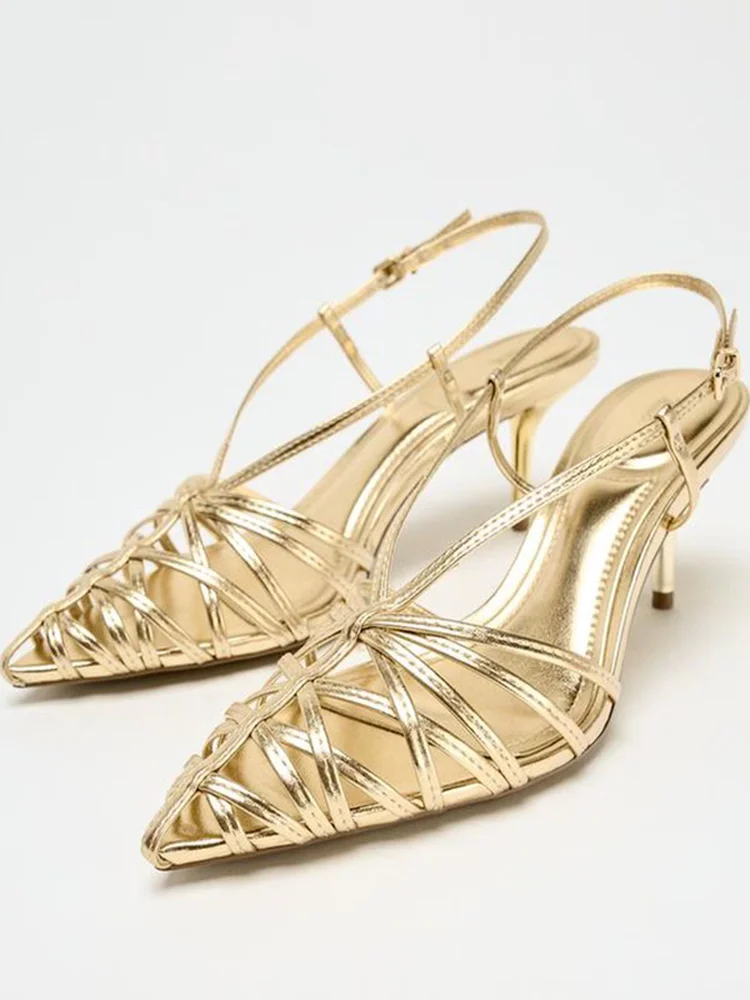 Sandalias de tacón alto fino con punta, estilo bohemio, huecas y sexys, transpirables, con cierre metálico, para uso diario.